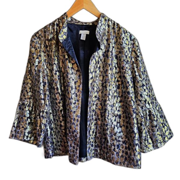 Chico's 1 Large metallic black gold topper jacket open front Silk Blend Event - Picture 1 of 5